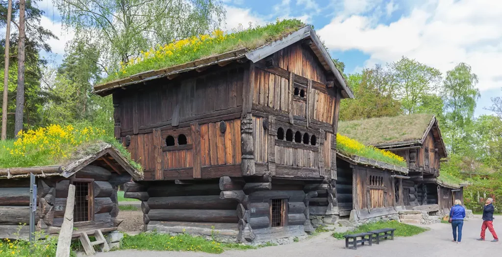Historical farm buildings at the Norwegian Folk Museum.